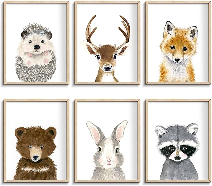 Jungle Nursery Safari Animal Decor - Cute Fawn, Fox, Rabbit, Bear Wall Art - Unframed - 12"x16" For Baby Bedroom