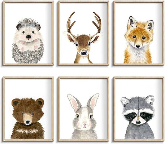 Jungle Nursery Safari Animal Decor - Cute Fawn, Fox, Rabbit, Bear Wall Art - Unframed - 12"x16" For Baby Bedroom