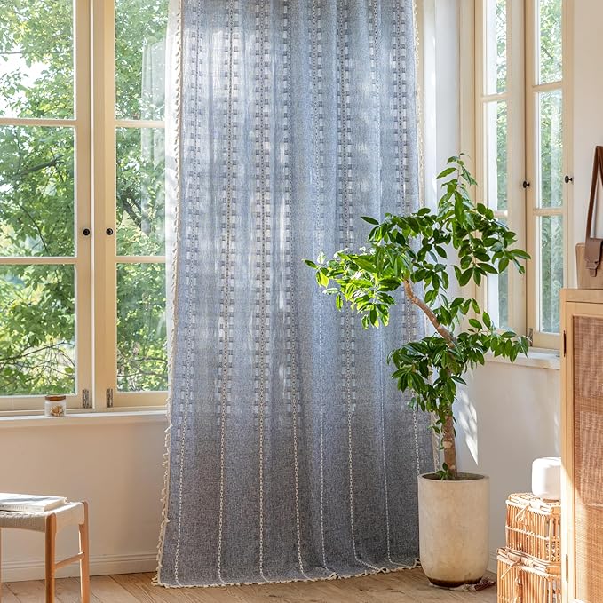 Deeprove Denim Blue Boho Curtain 72 inches Length for Laundry Room Bathroom, American Classic Bohemian Sheer 72 inches Long Stripe Embroidery Privacy Window Tassel Decor W52 x L72, 1 Panel