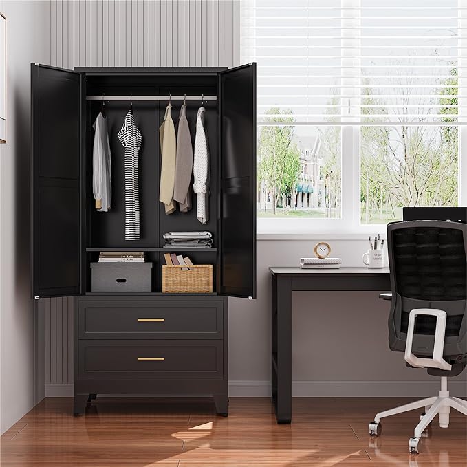 Metal Wardrobe Closet Cabinet with Drawers,71" H Large Bedroom Armoires with Shelves and Hanging Rod,Wardrobe Storage Cabinet with 2 Doors, 1 Adjustable Shelf and Drawers (2Drawer, Black)