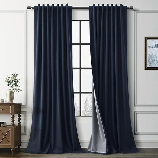 Guken Navy Blue 100% Room Darkening Linen Curtains for Living Room Sliding Door 120 Inches Long 2 Panel Sets Textured Modern Back Tab Blackout Thermal Insulated Soundproof Navy Blue 52x120 10Ft
