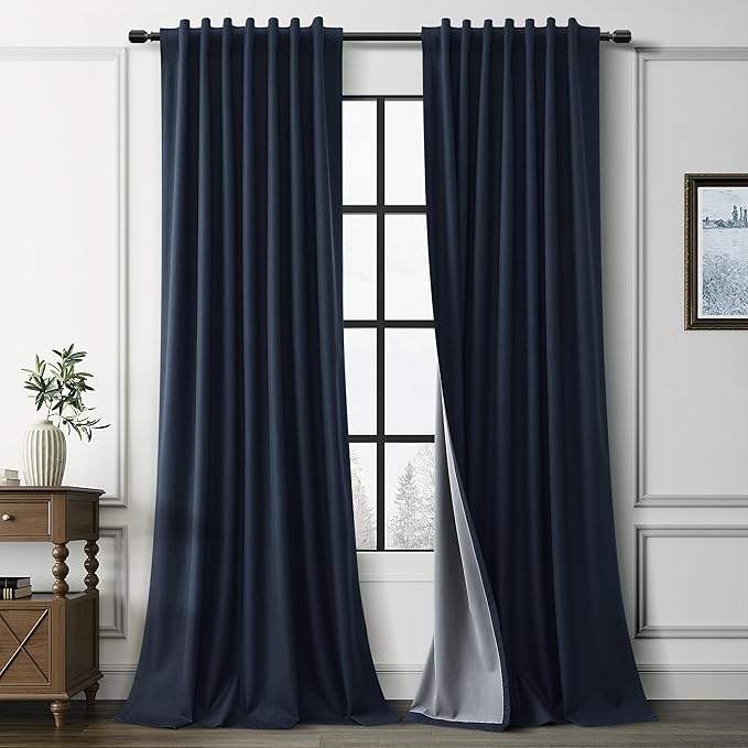 Guken Navy Blue 100% Blackout Linen Curtains for Living Room 102 Inches Long 2 Panel Sets Elegant Textured Back Tab Hook Belt Room Darkening Thermal Insulated Soundproof Sliding Door 52x102