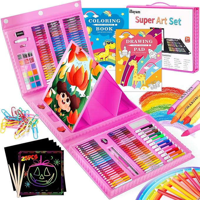 iBayam Art Supplies, Arts and Crafts for Kids Adult Teens Girls Boys, Painting Coloring Art Kits Christmas Gifts, 251-Pack Art Set Case with Trifold Easel, Drawing Pad, Coloring Book, Scratch Paper