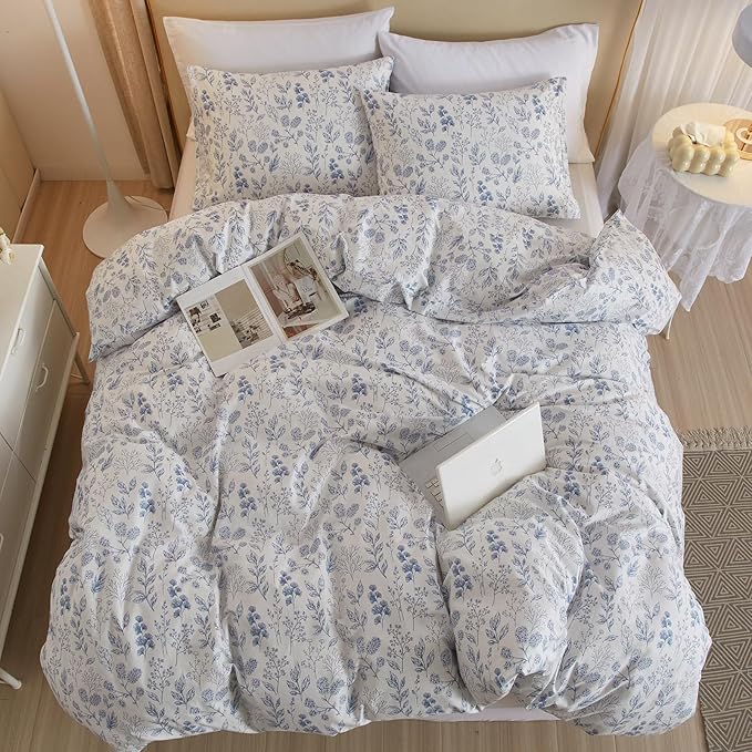Twin Size Cute White Duvet Cover with Blue Floral Print,Coquette Bedding Set Soft Cotton Comforter Cover Boho Style,Aesthetic Twin Bedding Set with Zipper Closure 4 Ties