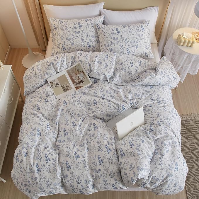 3 Pieces Duvet Cover Twin XL White Duvet Cover with Blue Floral Print,Coquette Bedding Soft Cotton Comforter Cover Boho Style,Aesthetic Twin XL Bedding Set with Zipper Closure 4 Ties,All Season
