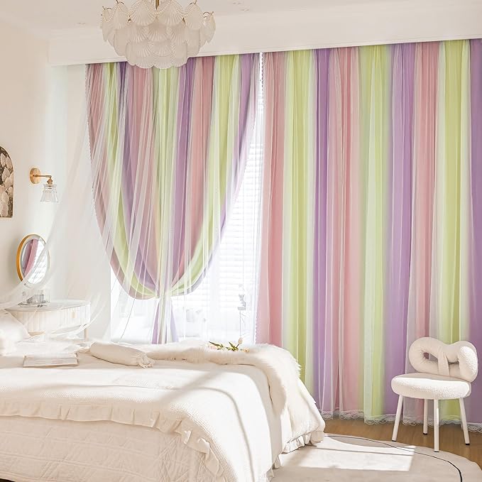 XiDi Pink Yellow Purple Blackout Curtains for Girls Bedroom 2 Panels Blackout Rainbow Curtain with Sheer Overlay Unicorn Wall Decals Drapes for Kids Nursery Room Grommet 52 Inches Wide 96 Inches Long