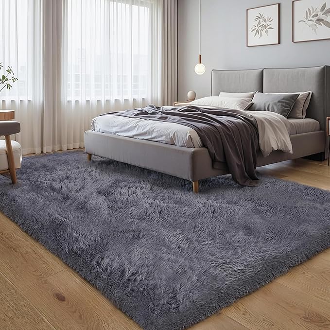 Thick Area Rug 5x7 Grey Fluffy Shag for Bedroom, Extra Soft Plush Fuzzy Washable Thickened Non-Slip Floor Carpet for Living Room, Cozy Furry Shaggy Rug for Kids Baby Boys Girls Nursery Dorm