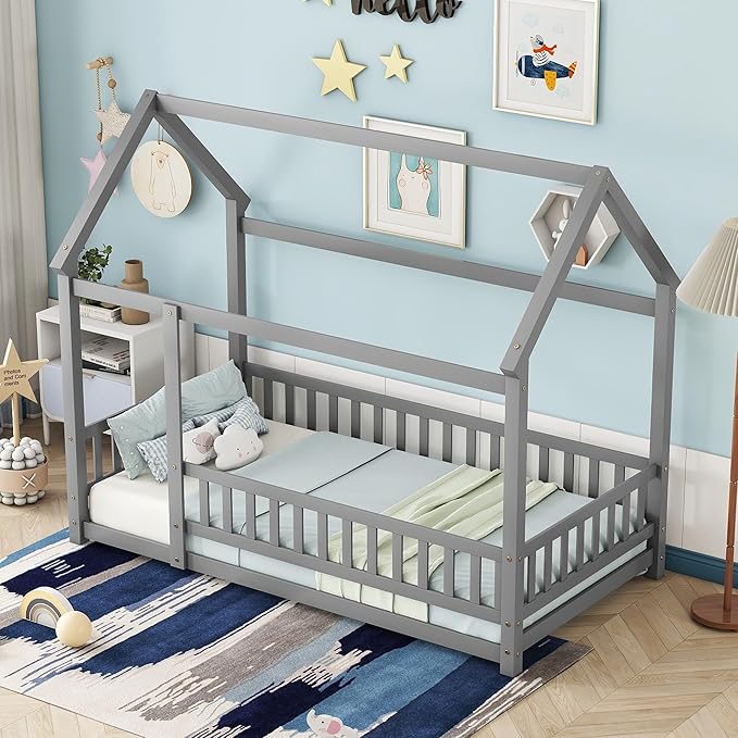 Bellemave Twin Size House Floor Bed Frame,Wooden Montessori Floor Bed with Fence for Kids,Twin Size Kids Bed,Gray