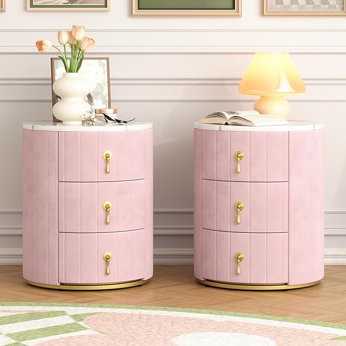 Bellemave Set of 2 Upholstered Nightstand with 3 Drawers, Two Round Bedside Tables with Metal Handles, Velvet End Tables, Marbling Stickers Top Nightstands (Pink)