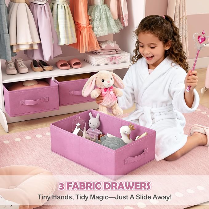 COSVALVE JOYLDIAS Kids Dress Up Storage with Mirror and Drawers, Kid Armoire Dresser, Pretend Storage Closet for Kids, Costume Wardrobe with Top Shelf for Playroom Bedroom, Lovely White