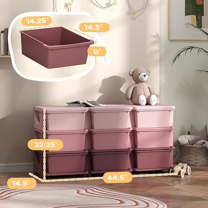 Qaba 3 Tier Kids Storage Unit, 9 Drawer Chest Toy Organizer Plastic Bins for Kids Bedroom Nursery Kindergarten Living Room for Boys Girls Toddlers, Pink