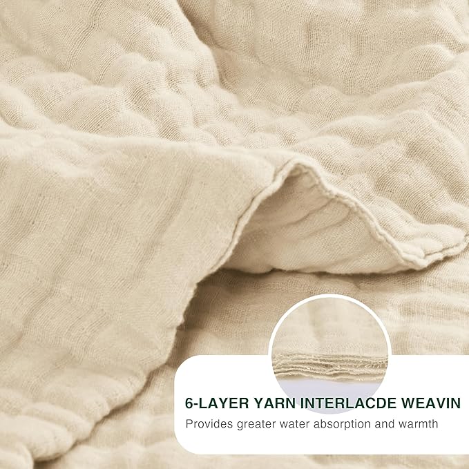 Love's cabin 6 Layer 100% Cotton Muslin Blanket, 90"x90" Muslin Blanket Queen for Couch Bed, Lightweight and Breathable Cotton Gauze for Adult, Beige