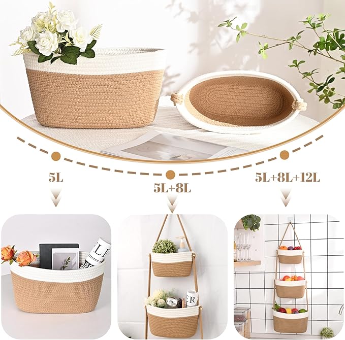 Hanging Storage Baskets, 3-Tier Over the Door Basket, Cotton Wall Baskets Storage, Detachable Hanging Door Basket with 4 Hooks, Over the Door Organizer Nursery for Bedroom, Living Room, Bathroom Wall