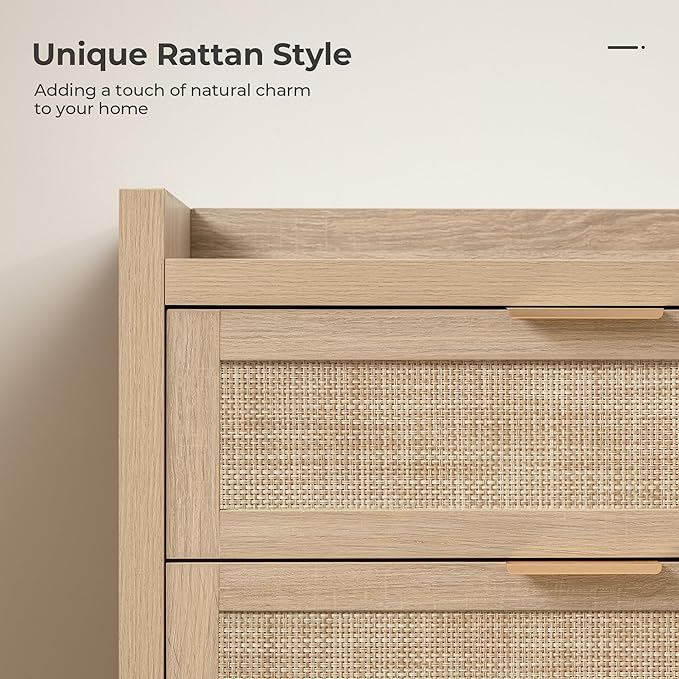 SICOTAS Dresser for Bedroom Chest of Drawers 46" Tall Dresser for Closet with 5 Rattan Drawers Boho Nightstands Set of 2 Large Clothes Storage Cabinet TV Stand for Living Room Hallway Nursery Entryway