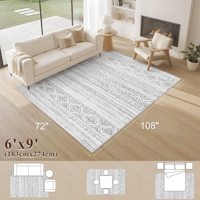 Area Rugs for Living Room Washable Living Room Rug Soft Neutral Indoor Floor Carpet Non-Slip Stain Resistant Modern Boho Rugs for Bedroom Dining Room Kids Room Nursery Office Home Light Grey