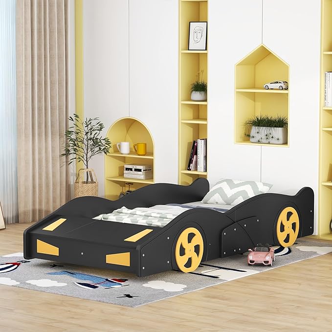 Twin Size Race Car Bed for Boys with Wheels and Storage,Kids Twin Bed Frame W/Guardrails,Race Car-Shaped Platform Bed,Toddler Car Bed for Boys,Child's Bedroom,Black+Yellow