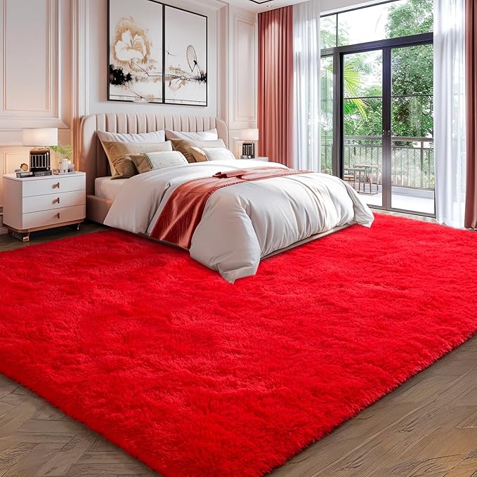 EVOIONOS 5x7 Washable Large Area Rug for Living Room, Fluffy Shag Rug for Bedroom, Ultra Soft Plush Non Slip Carpet for Indoor Floor Bedside Nursery Kids Girls Room Dorm, Home Decor Aesthetic, Red