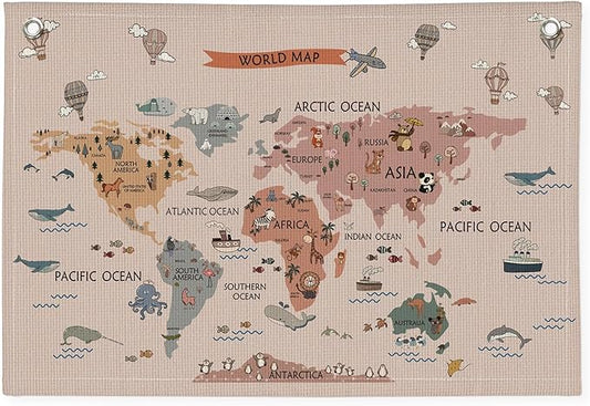 Wheatwin World Maps for Wall, World Map Banner for Kids, Cute Animal World Map Educational Tapestry Wall Hanging Banner Flag Decor for Kids Room Classroom Playroom