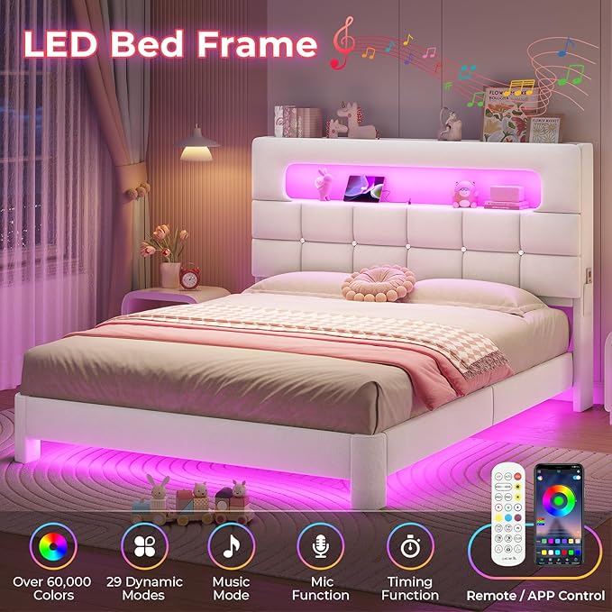 MSmask Full Upholstered LED Bed Frame with 2-Tier Storage Bookcase Headboard, Velvet Princess Bed with Crystal Button Tufted Headboard & Charging Station, Girls Platform Bed, Curved Legs, White