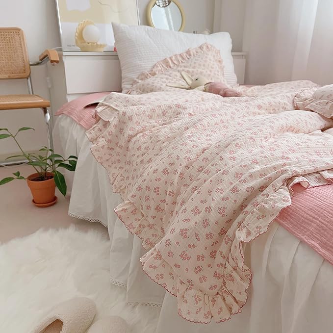 AOJIM Floral Print Kids Duvet Cover for Girls Boys, Pink Muslin Cotton Baby Toddler Bedding Comforter Cover 2-Layer Gauze 59X79'', Ruffled Edges Soft Crib Duvet Protector 1pc, No Quilt or Pillowcases