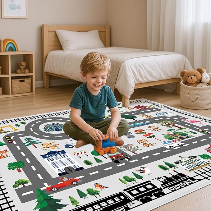 Baby Play Mat, Playroom Rug for Kids, Non Slip Washable Toddler Floor Mat, Car Rug for Kids Toy Cars, City Road Carpet for Playroom Bedroom Boys, Car Track Map Playmat - 5x7ft
