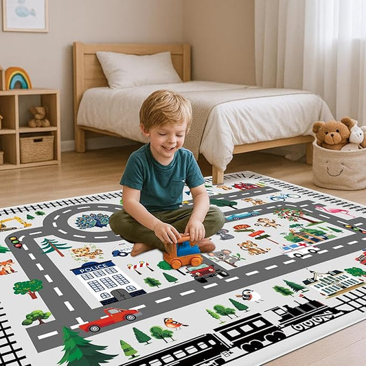 Baby Play Mat, Playroom Rug for Kids, Non Slip Washable Toddler Floor Mat, Car Rug for Kids Toy Cars, City Road Carpet for Playroom Bedroom Boys, Car Track Map Playmat - 4x6ft