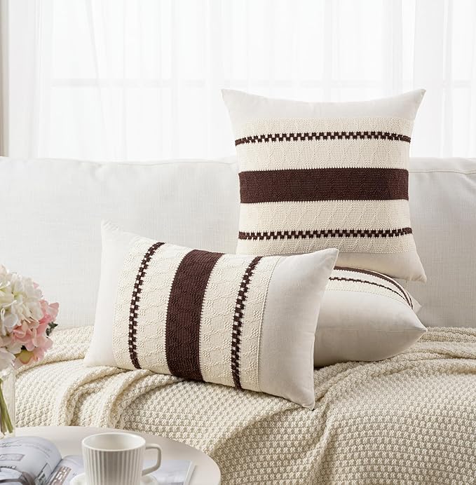 Fancy Homi Set of 2 Boho Brown Long Lumbar Decorative Throw Pillow Cover 14x24 Inch for Couch Bed Sofa Chair, Modern Organic Farmhouse Home Decor, Soft Cotton Cute Accent Rectangle Cushion Case