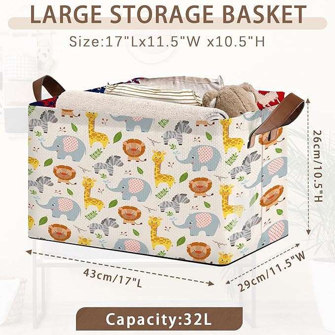 Cute Animal Storage Basket Large 17x11.5x10.5 Inche-Collapsible Fabric Organizer Bin with Handles for Nursery, Kids Room, Toys-Foldable Decorative Hamper with Adorable Animal Print-Single Pack
