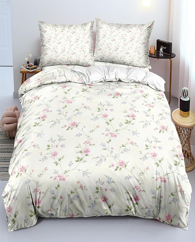 Floral Duvet Cover Twin Girl Pink Flower Teenage Girls Duvet Cover Set with Zipper Ties, Easy Care, Ultra Soft and Breathable-Twin Size
