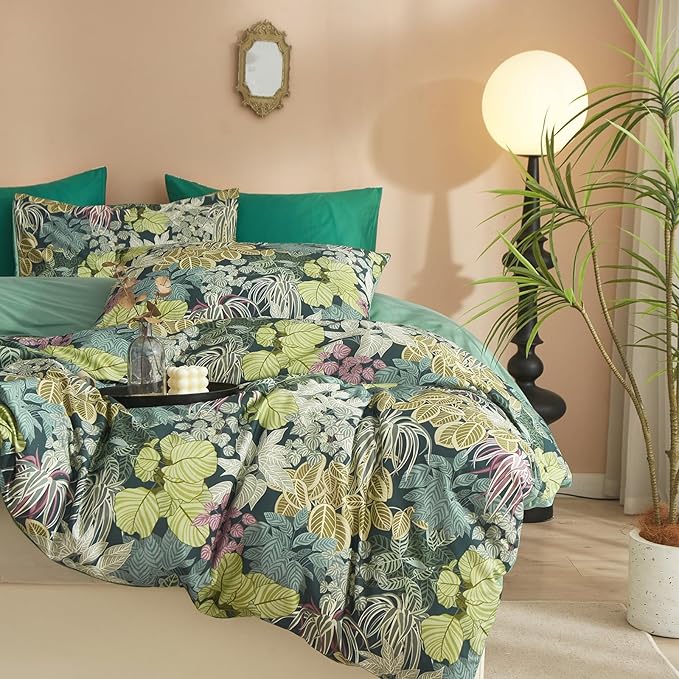 HighBuy Garden Leaves King Duvet Cover Cozy Cotton Vintage Tropical Green Bedding Sets Women Girls Chic Boho Comforter Cover Cottagecore Bedding Comforter Cover with 2 Pillowcases King Bedding