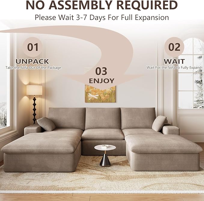 107" Cloud Modular Sectional Sofa with 1 Ottoman, Modern Upholstered Corduroy Couches, Comfort U Shaped Sofa for Living Room, Deep Seat Boneless Couch, No Assembly Required(Camel,Left Facing Chaise)