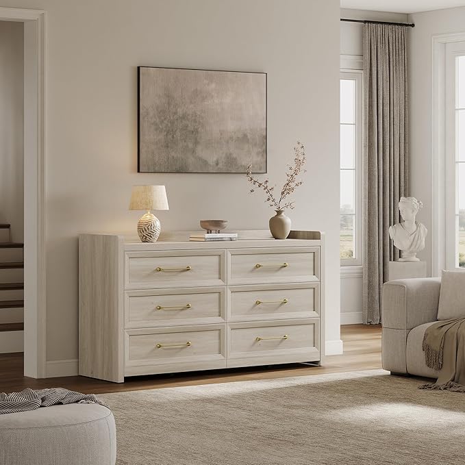 SICOTAS 6 Drawer Dresser for Bedroom-112.8" Extra-Wide Wooden Chest of Drawers with Large Storage, Long Dresser TV Stand with Drawers, Farmhouse Closet Dressers for Nursery, Grey White Oak, 2PCS