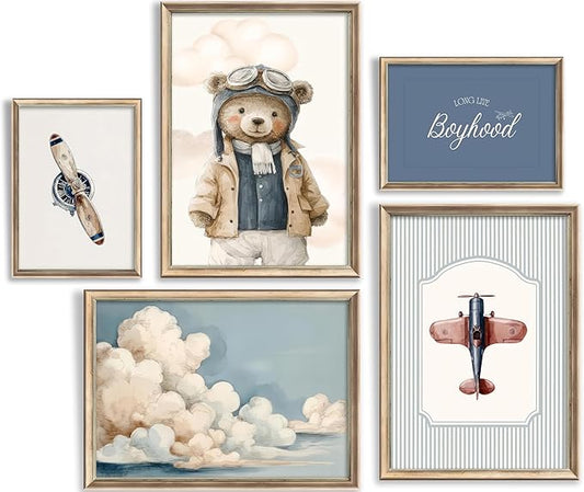 Vintage Baby Boy Nursery Wall Art Retro Airplane Travel Kids Room Canvas Wall Decor Teddy Bear Pictures Navy Blue Aviation Posters Cloudy Sky Painting Print Artwork for Boy Room Playroom, Unframed