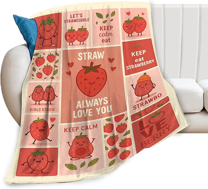 Cute Strawberry Blanket Funny Cartoon Berry Fruit Throw Blanket Soft Cozy Fleece Fuzzy Plush Warm Stuff Bedding Nursery Toddler Baby Blankets Gifts for Boys Girls Kids Adult Men Women 60"X80"