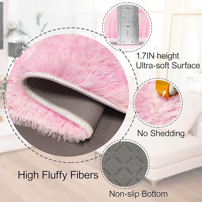 Fluffy Pink Rugs for Bedroom Girls, 5x8 Soft Fuzzy Area Rug Shag Carpet for Kids Room Playroom Nursery Living Room Dorm, Washable Plush Shaggy Rug Play Mat for Kids Baby Boys Teen