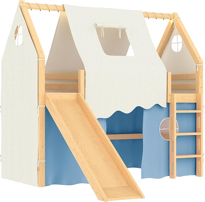 Playhouse Design Twin Size Loft Bed with Slide & Tent, Solid Wood Tent Bed Frame for Kids Boys Girls, Versatile Spacious Under Bed Space, Chic Design with Lights (Natural+Blue-Twin)