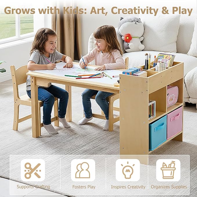 Kids Art Table and 2 Chairs Set, Pine Plywood Toddler Activity Craft Desk with Storage Bins for Drawing, Writing, Reading, Ideal for Nursery, Playrooms & Classroom