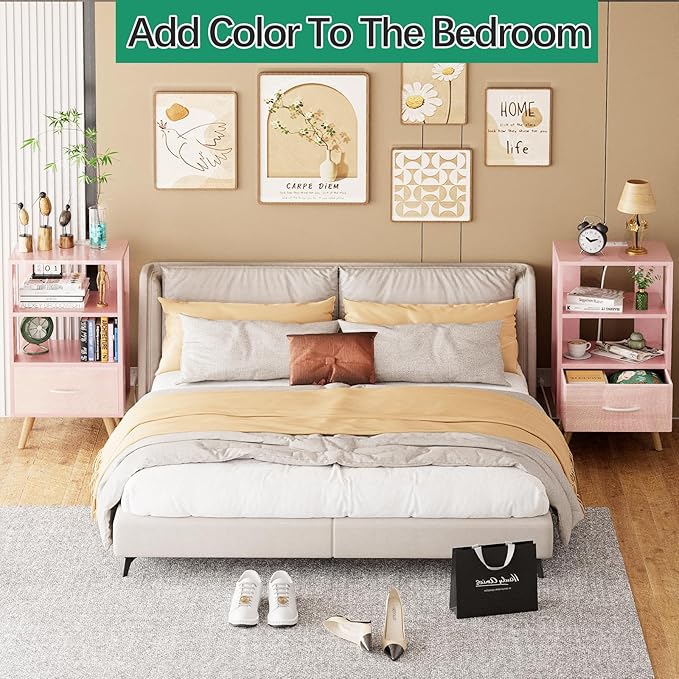 Night Stand with Charging Station, Pink Kids Nightstand with Drawer, 3-Tier Nursery Bedside Table with USB Ports and Outlets, End Table for Small Space, Living Room, Bedroom