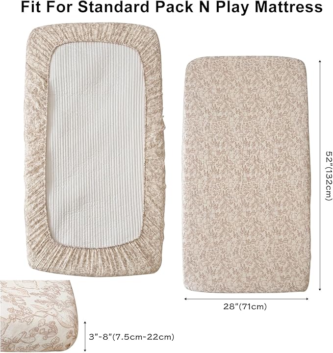 BuLuTu Muslin Pack and Play Sheets Fitted, 38"x26", 2 Pack Mini Crib Sheets for Pack N Play Mattress, Soft Breathable Baby Mattress Sheets Fitted Playard Sheets, Beige & Forest