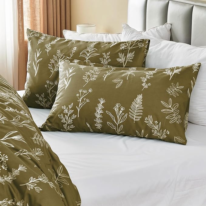 MUXHOMO Duvet Cover King Size, Reversible Floral Olive Green Duvet Cover Set with Zipper Closure, 3 Pieces Botanical Patterns Soft Microfiber Bedding Set (90"x104", 2 Pillow Cases 20"×36")
