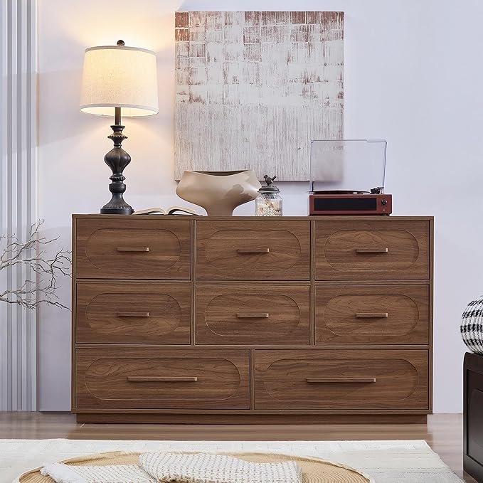 Walnut 8 Drawer Dresser for Bedroom, 54" Wide Dressers & Chests of Drawers w/Solid Wood Handle, Mid Century Dresser TV Stand w/Natural Texture for Bedroom, Living Room