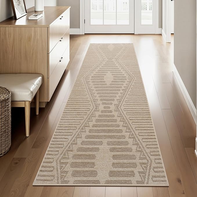 Boho Beige 2x8 ft Runner Textured Tufted Rugs for Hallway Kitchen Bedroom Entryway Long Non Slip-Carpet Washable Cream Neutral Modern Geometric Moroccan Aztec Rug