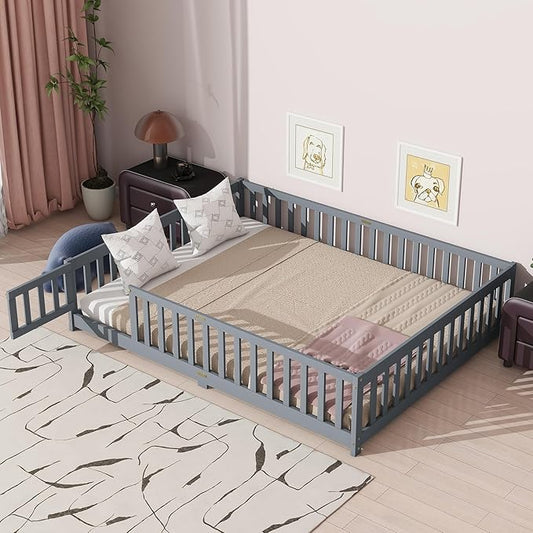 Queen Size Floor Bed with Door & Fence for Kids Boys Girls,Montessori Floor Bed with Roof & Full-Length Guardrails,Easy Assembly & No Box Spring Needed, Grey