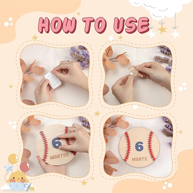 Wooden 3D Baby Monthly Milestone Cards Monthly Milestone Discs Newborn Photography Props Baby Announcement Sign Baby (Baseball)