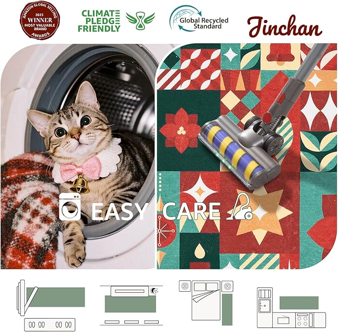 jinchan Christmas Runner Rug 2x6 for Entryway Washable Christmas Kitchen Rug Xmas Geometric Floor Mat for Hallway Non-Slip Soft Carpet Festive Red-Green Holiday Patch Decor for Bathroom Porch Bedside