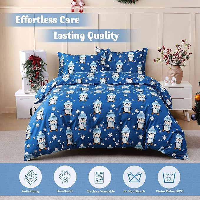 JSD Penguin Snowflakes Kids Christmas Duvet Cover Set Queen Size, 3 Piece Xmas Comforter Cover with Pillow Sham Zipper Closure, Comforter Not Included