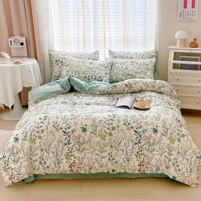 HighBuy Lightweight Duvet Cover Twin Multi Color Flowers Bedding Set Kids Girls Vintage Botanical Chic Cotton Comforter Cover Peach Green Floral Bedding Sets Twin Girls Duvet Cover Set