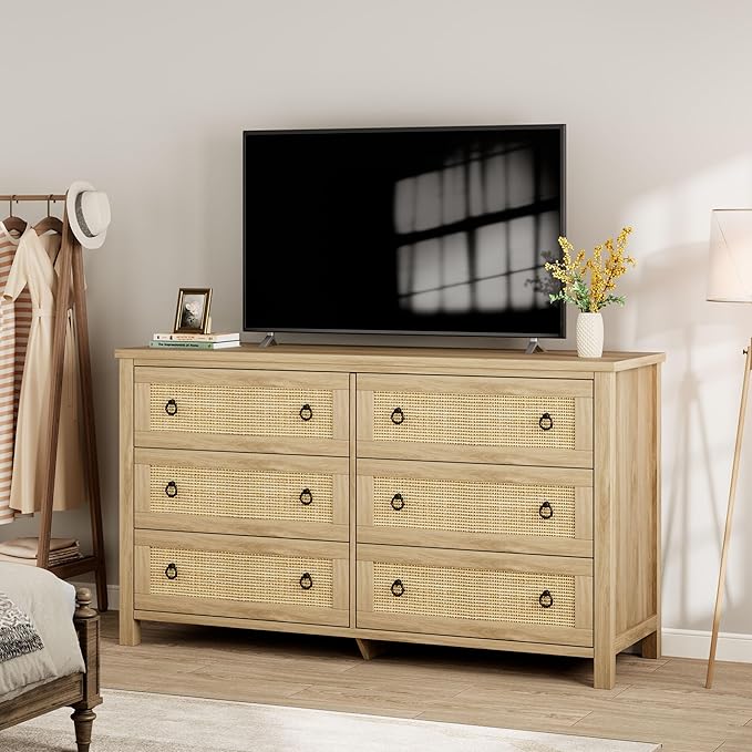 IDEALHOUSE Rattan Dresser for Bedroom with 6 Drawers, 47'' Wide Chest of Large Drawers with Large Clothes Storage Cabinet, Wood Bedroom Dresser, TV Stand for Nursery, Living Room, Hallway