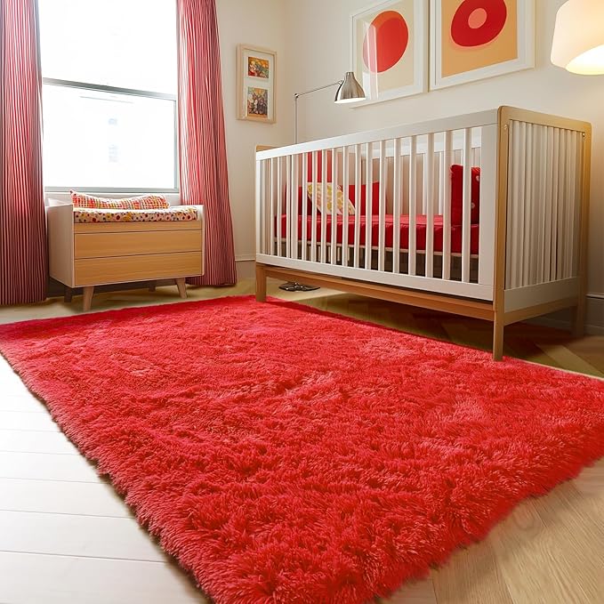 ONASAR Red Rugs for Living Room Bedroom, 5x8 Washable Fluffy Bedside Area Rug, Soft Plush Shaggy Indoor Floor Carpet for Nursery Kids Girls Boys Teen Dorm Home Office Decor Aesthetic
