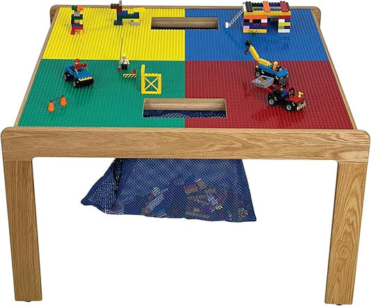 Fun Builder® #1 Rated American-Made 4 Color Lego® Compatible Wood Table with Built-in Storage(Patent)-Built to Last Generations!-NO Tools-5 Minute Assembly(Patent) 32"x32" Ages 5 & Less